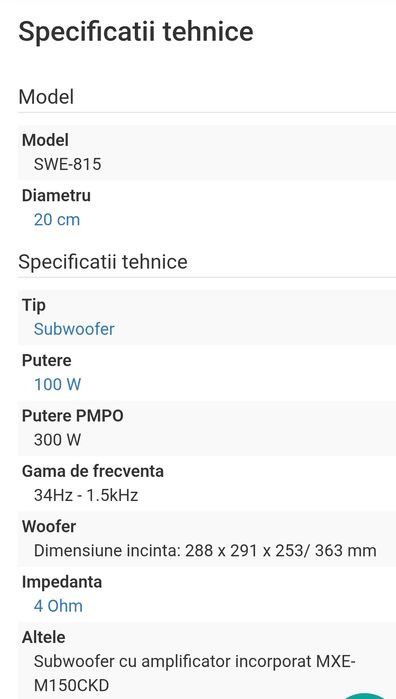 Subwoofer Auto Amplificat, Putere 150W