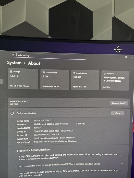 PC Gaming ASUS RX 7600 + Ryzen 7 5800x + 16GB RAM + SSD 2TB