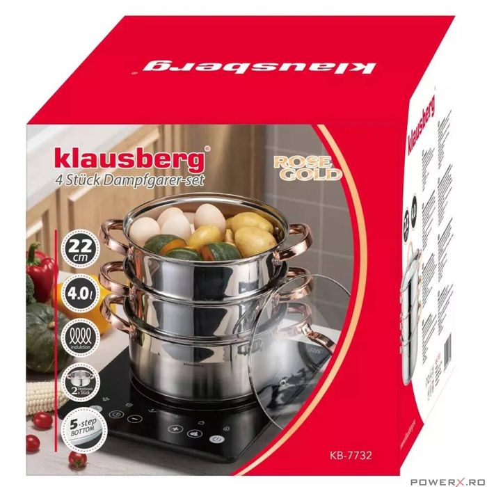 Set de 4 piese, oala pentru fiert cu abur, inox, diametru 22 cm,