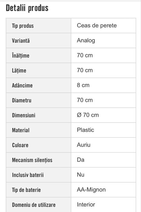 Ceas de perete cu roti dintate mobile, 70 cm