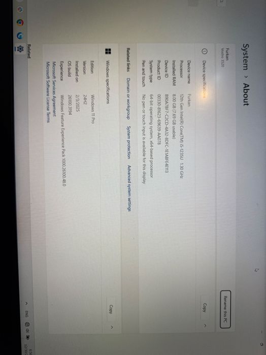 Dell Vostro Laptop 3520
12th Gen Intel(R) Core(TM) i5-1235U 1.30 GHz