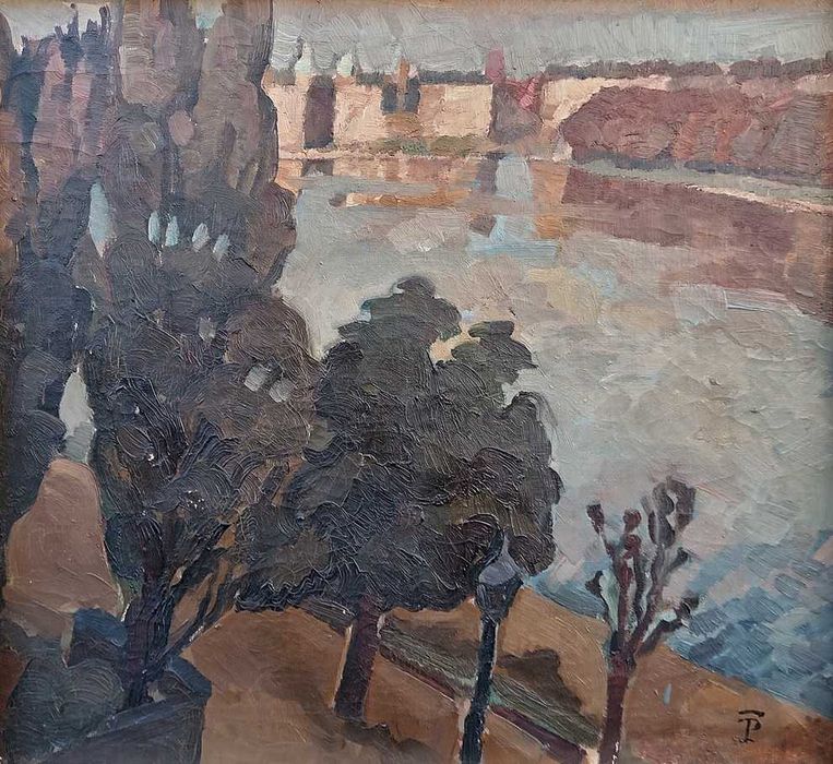 Tablou vechi - peisaj pe malul apei - semnat TP ( Pallady)