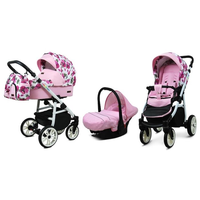 Carucior bebelusi 3in1 BabyLUX COLORLUX WHITE ,scaun auto,roz/alb.