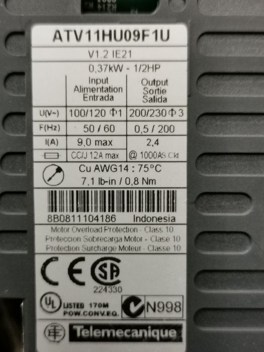 variator de viteză ATV11 - 0,37kW - alimentare 120V monofazată - IP20