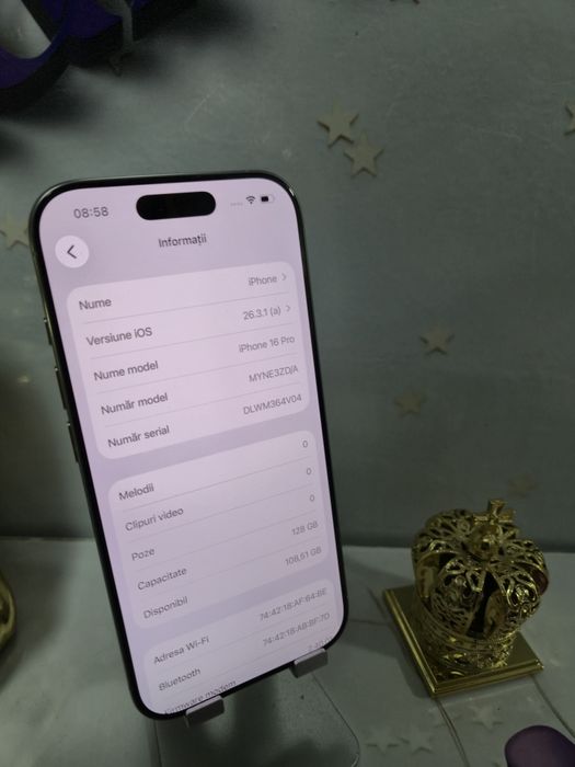 iPhone 16 PRO White.5G 128GB Baterie Originală:91%.Preṭ fix!