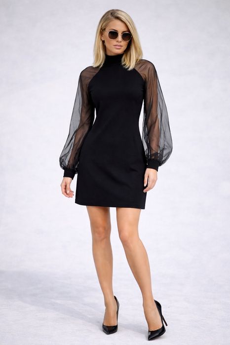 Rochie neagra cu mâneci bufante din voal  se leagă fundă la spate