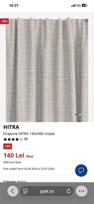 Draperii Hitra Jysk 2 buc semiopace 140/260cm