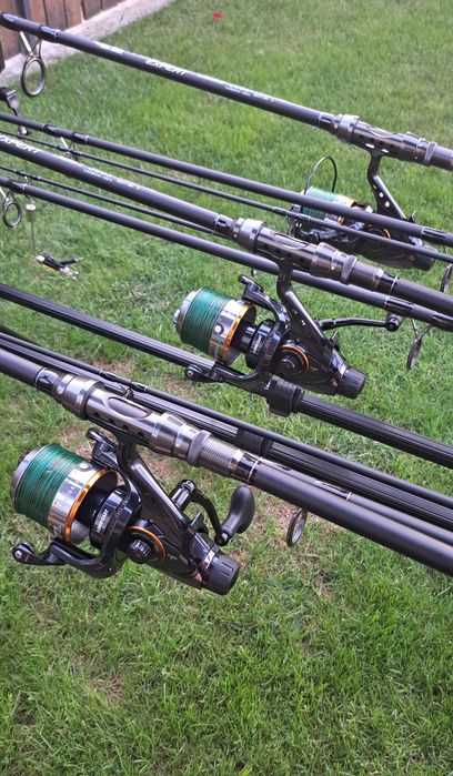 Set Pescuit,3 Lansete 3,90m+3 Mulinete Storm 9S Long Cast+Rod Pod