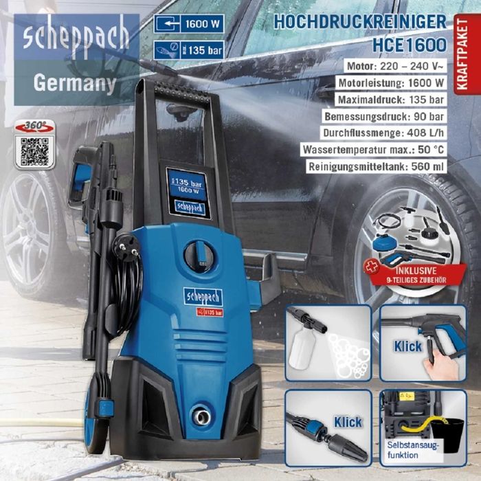 Водоструйка Scheppach HCE1600 1600W 135bar 408 l/h