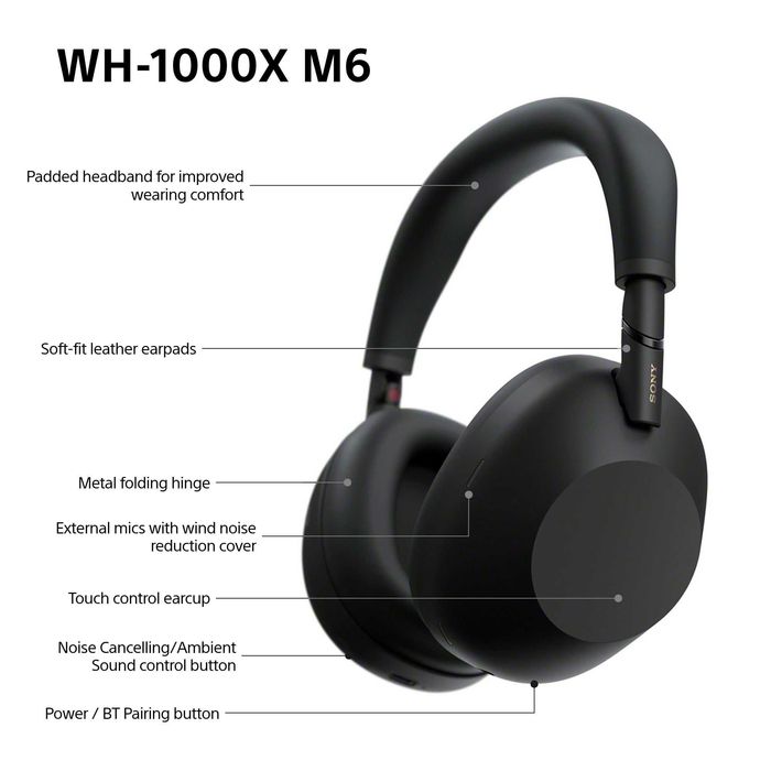 Безжични слушалки Sony - WH-1000XM6 (черни)  + 2 години гаранция