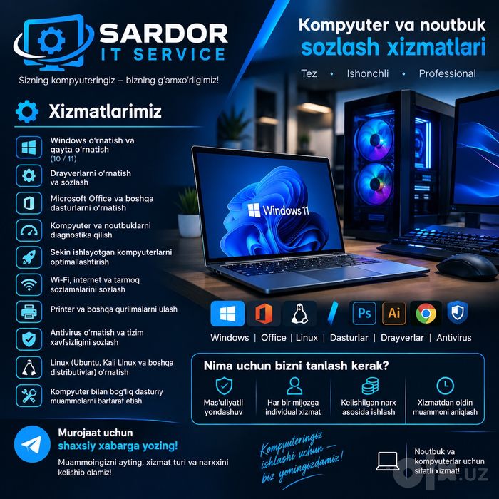 Kompyuter va noutbuk sozlash | Windows o‘rnatish | Dasturlar o‘rnatish