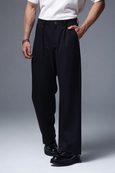 Мъжки елегантен панталон – wide fit, висока талия, черен