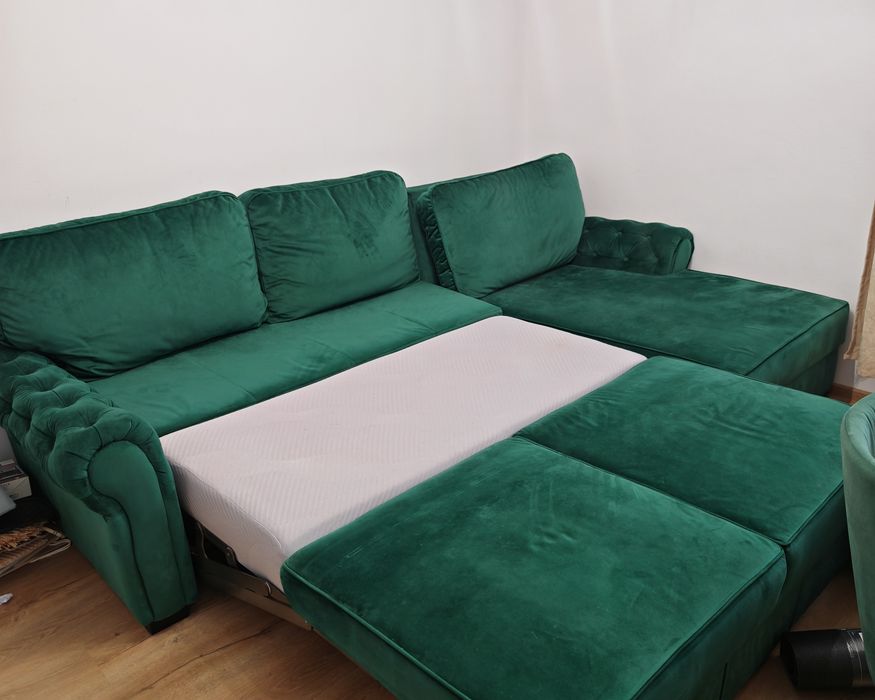 Canapea Extensibilă Colț Verde Smarald (Stil Chesterfield) Ca Nouă