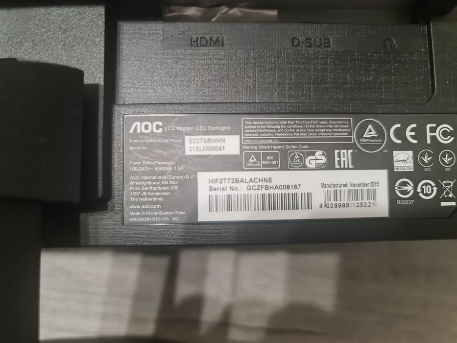 Monitor LED TN AOC E2270SWHN, 21.5", Full HD, 60Hz, negru