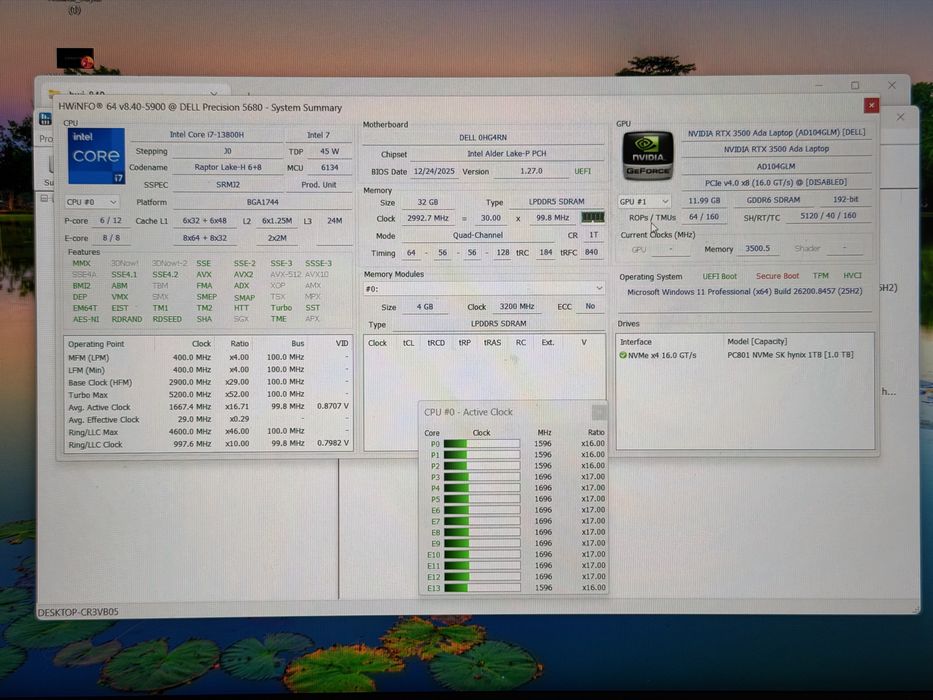 Dell Precision 5680, 16" i7-13800H 32GB/1TB NVIDIA RTX 3500 Ada (12GB)