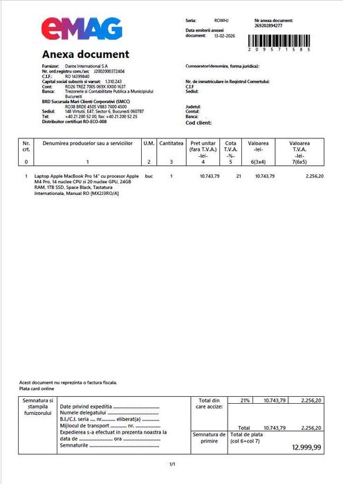 Laptop Apple MacBook Pro 14" cu procesor Apple M4 Pro, 14 nuclee CPU si 20 nuclee GPU, 24GB RAM, 1TB SSD, Space Black, Tastatura Internationala