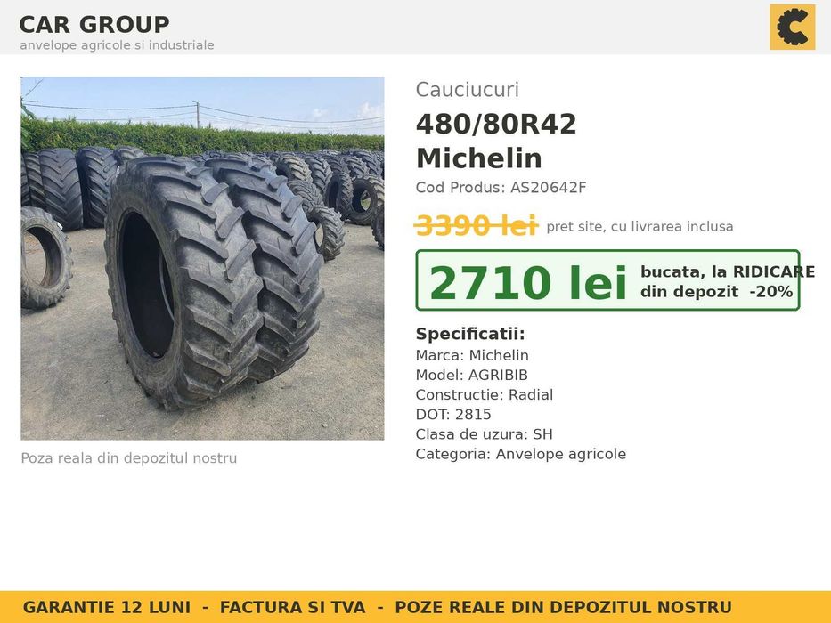 ANVELOPE 480/80R42 18.4R42 18.4-42 48080R42 Michelin AGRIBIB Cauciucuri Tractor Spate 2 BUCATI SH GARANTIE Factura TVA