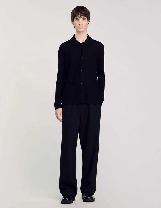 Sandro, Cămașă de lână din tricot reiat, Negru, M