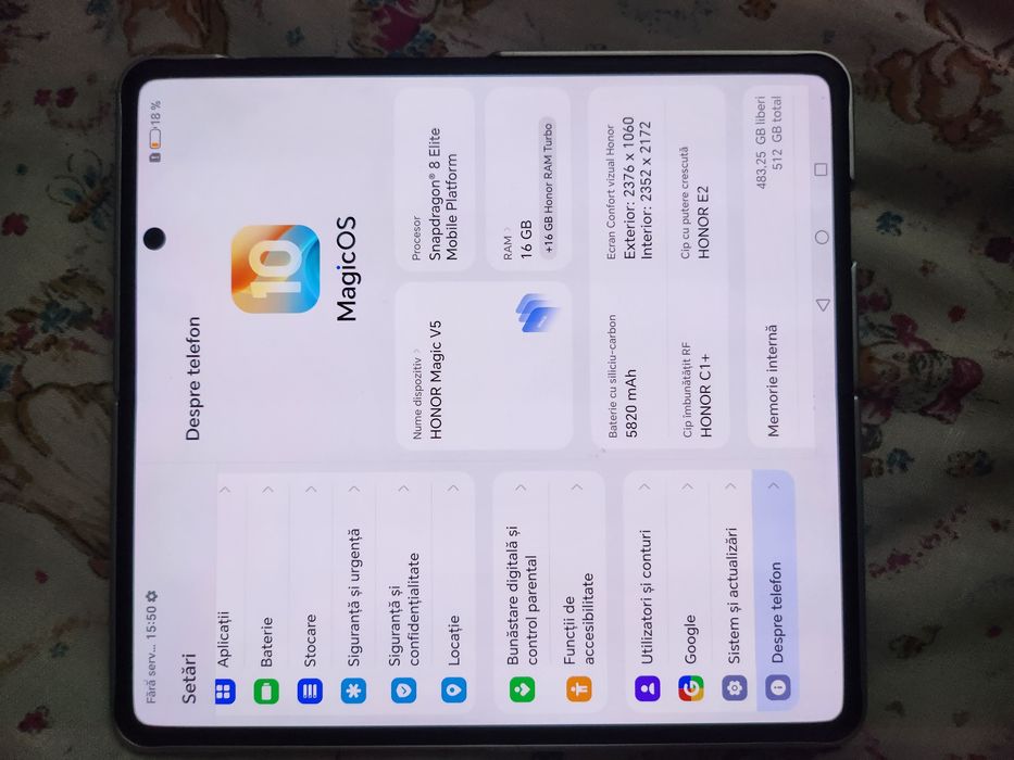 Honor magic v5 16+16/512gb android 16 nou la cutie,folie ambele ecrane, husă aluminiu cu protecție ,dual sim, liber de rețea.