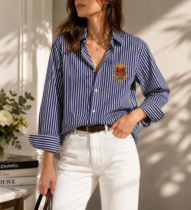 Cămașă Dama Ralph Lauren cu dungi și emblemă brodată – Mărimea 4 (S)