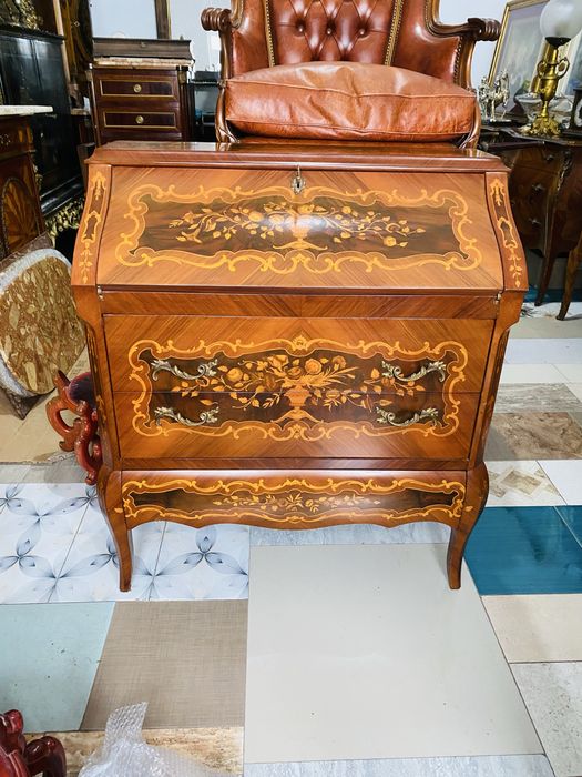 Secretaire Vintage Lemn Intarsii Bronz Antic Comoda