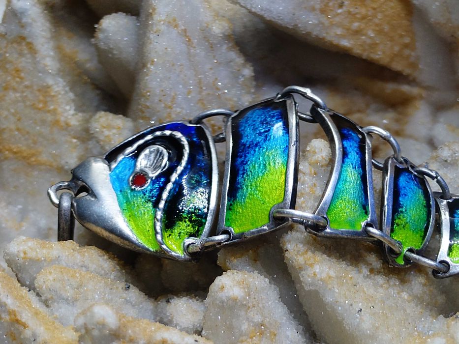 Pandantiv Italia vintage – pește articulat, argint emailat XXL