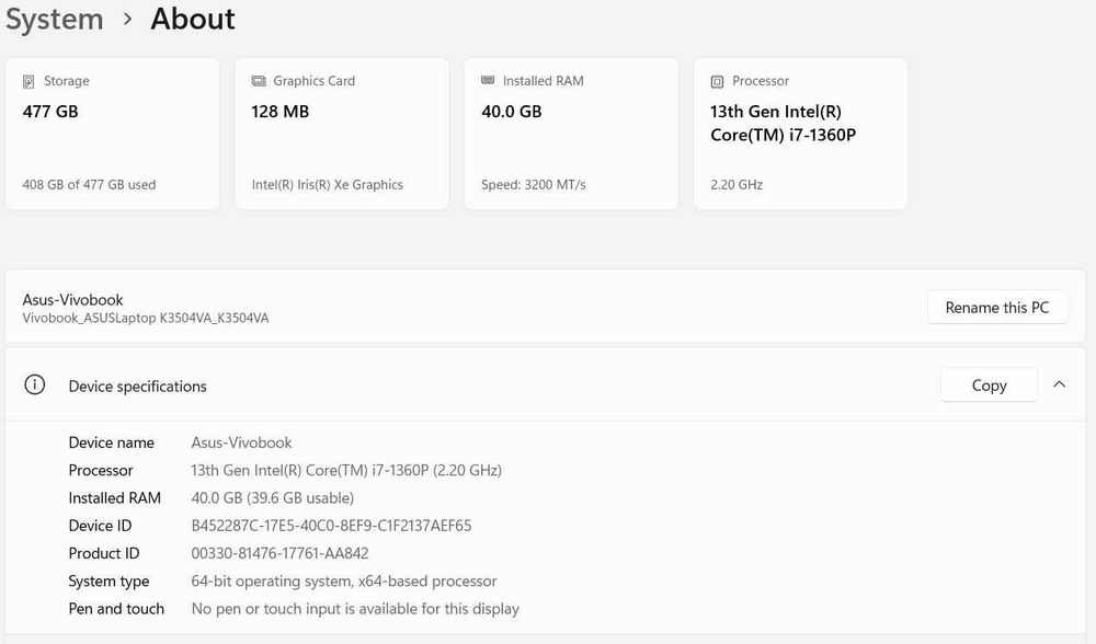 ASUS Vivobook 15X OLED, Core i7, 40GB RAM, 512GB SSD