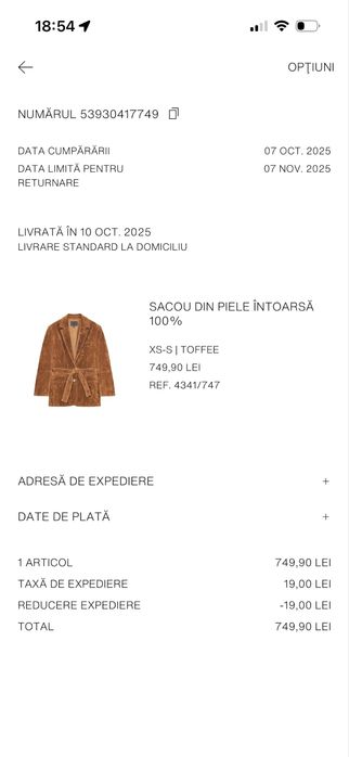 Sacou Zara Leather Collection din piele naturală întoarsă, nou, XS-S, camel cognac