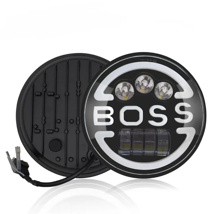 Faruri LED 7 Inch 18 cm - Model BOSS cu Inel DRL Dual si Text Rosu 12 - 24V