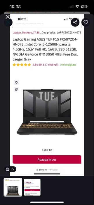 Laptop Gaming Asus i5 12500h Nvidia RTX3050 16gb ram ssd 500