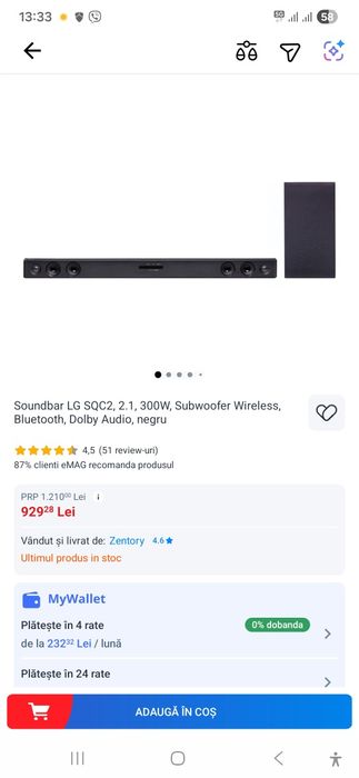 Soundbar LG SQC2, 2.1, 300W, Subwoofer Wireless,, in garantie