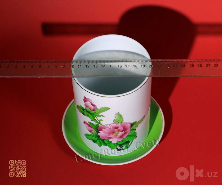 Фаянсовый высокий горшок с Пионами  под комнатные цветы