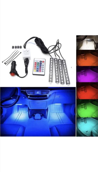 Kit 4 benzi 12LED RGB interior auto multicolore cu telecomanda,