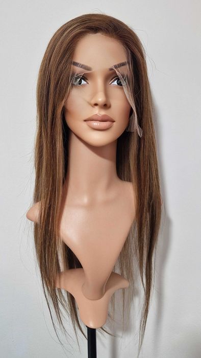 Естествена перука 70–75 см – Lace Front 13x6, кафява с руси кичури