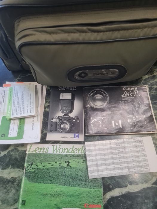 Canon A-1 + обективи + светломер + чанта Samsonite (аналогов комплект)