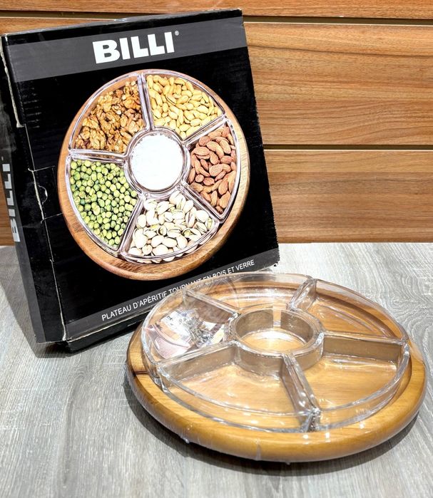 Круглая тарелка BILLI для закусок на 6 секций (дерево + стекло)
