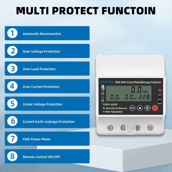 Монофазен WIFI смарт електромер множество защити Tuya Smart Life 100А