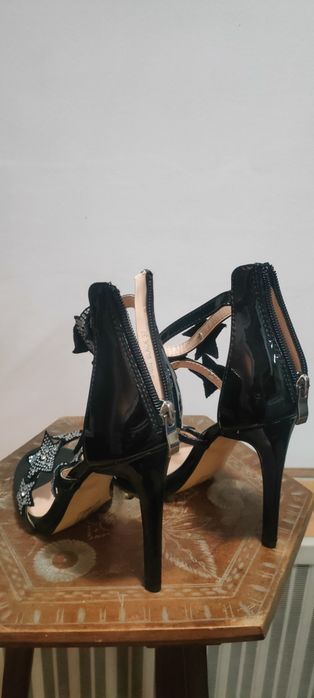 Sandale cu Toc Negre din Piele Ecologica