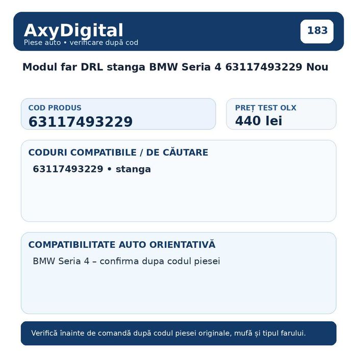 Modul far DRL stanga BMW Seria 4 63117493229 Nou