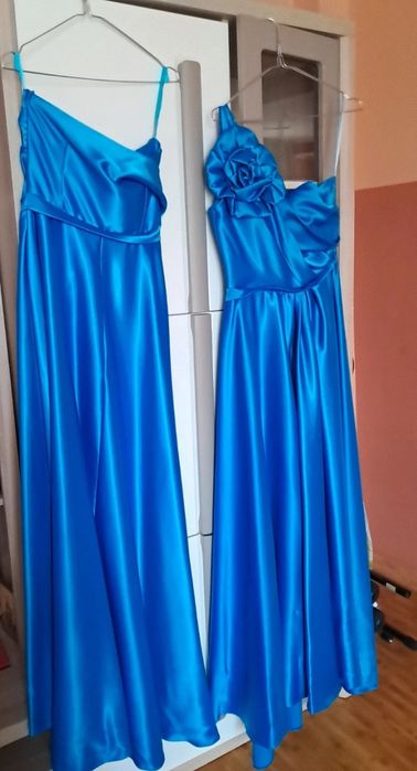 Set 2 Rochii lungi domnișoară de onoare / nașă, albastru regal din satin, mărimea [S / M