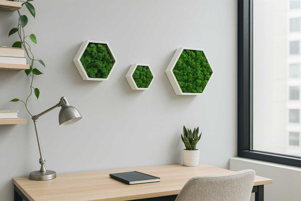 Set 3 hexagoane metalice cu licheni