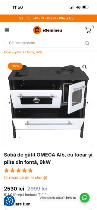 vand soba de gatit Omega alb,cu focar si plita din fonta,9kw.