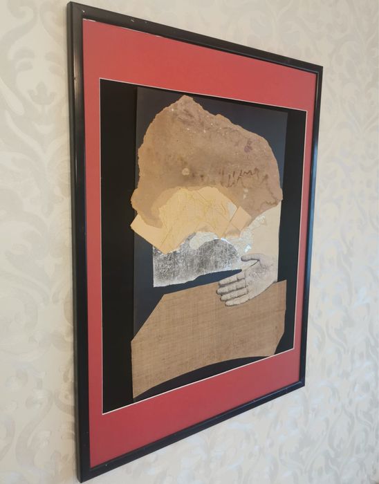 Антикварна картина колаж смесена техника авторска подписана дататирана