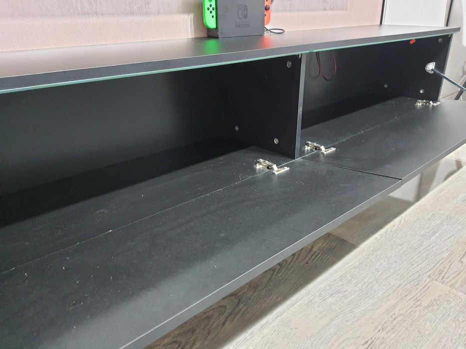 Set Living Comoda TV 180cm + 2 etajere 60cm, Negru, lumini albastre