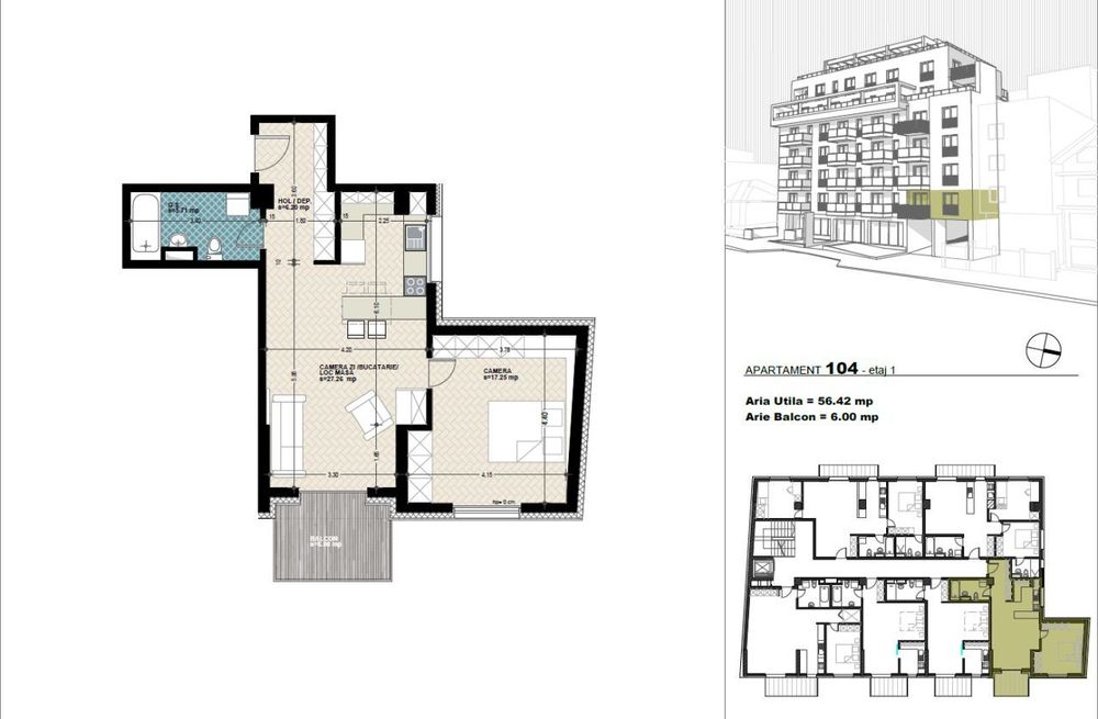 Apartament 2 camere, 57 mp, balcon, ansamblu exclusivist, zona Doroban