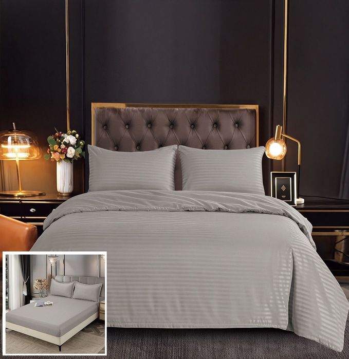 Lenjerie Damasc Peru Dx017, Damasc, 4 Piese, Cu Elastic, Bej, Gri