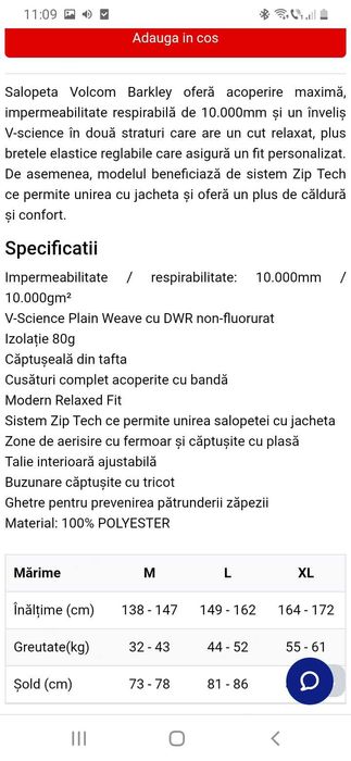 Costum complet ski Volcom 14 ani, pantaloni și geaca, că nou