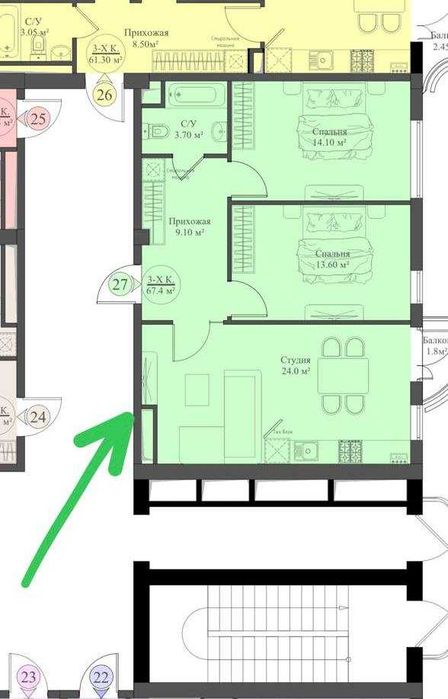 2-комнатная 68 м² — ЖК «Skyline» (Мирабад)