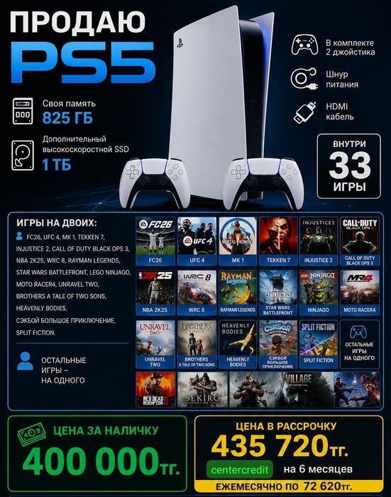 Продаю PS5 с дисководом (внутри 33 игры)