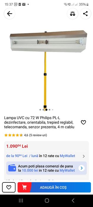 Lampa UVC cu 72 W Philips PL-L dezinfectare, orientabila, trepied regl